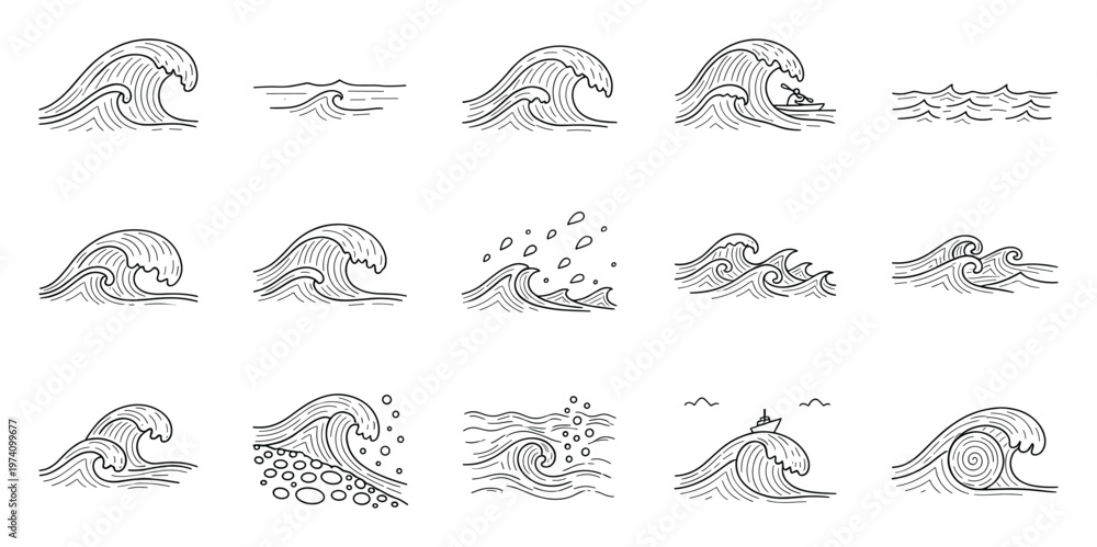 Obraz premium Hand drawn ocean waves in various dynamic forms perfect for marine themed graphic design projects, educational resources, travel marketing, or nature themed media