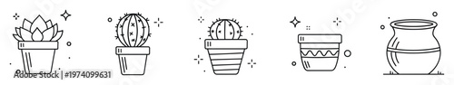 Minimalist outline icons featuring potted succulents, unique cacti, and decorative plant pots, ideal for botanical themed graphic designs, gardening applications, and modern home decor