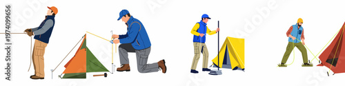 Set of flat vector illustrations of men setting up colorful tents for camping and outdoor adventure on a white background
