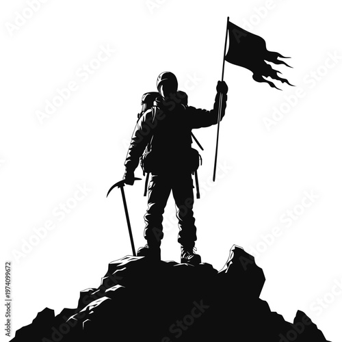 Mountain climber silhouette standing on peak with flag, successful mountaineer reaching summit, achievement and leadership concept vector