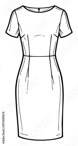 Technical flat sketch drawing of a classic womens short sleeve knee length dress with darts perfect for fashion design projects and clothing presentations