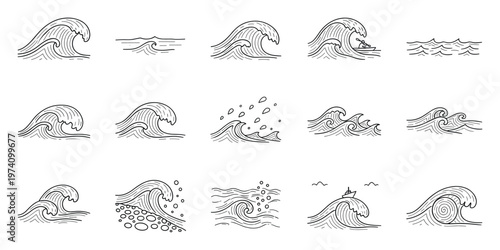 Hand drawn ocean waves in various dynamic forms perfect for marine themed graphic design projects, educational resources, travel marketing, or nature themed media