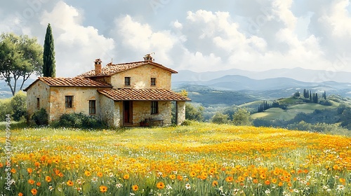 Rustic farmhouse in a wildflower field