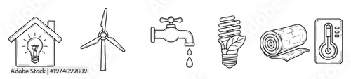 Hand drawn collection of sustainable living and energy efficiency symbols for environmental awareness campaigns, green technology promotions, and ecofriendly home improvement concepts.