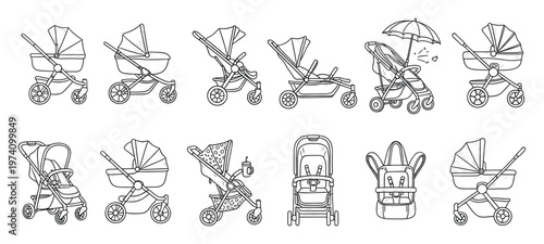 Outline vector collection of diverse baby strollers prams and infant carriers suitable for childcare websites product reviews and baby shower invitations