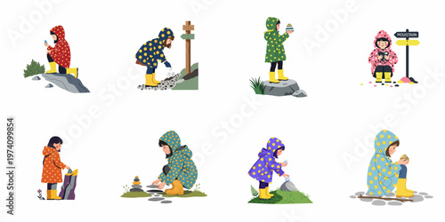 Collection of cute children in colorful polka dot raincoats playing with stones outdoors on a white background.