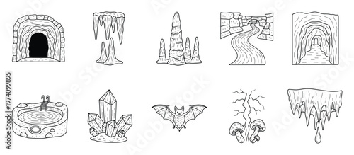 Hand drawn outline cave environment elements featuring tunnels, stalactites, stalagmites, crystals, bat, hot spring, and mushrooms, ideal for game design or fantasy adventure projects