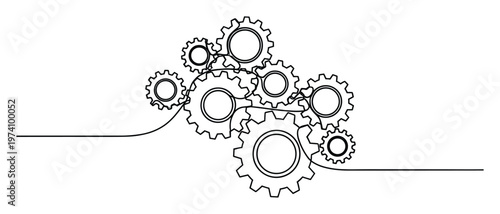 Continuous one line drawing of interlocking gears symbolizing teamwork and collaboration for business presentations and engineering concepts
