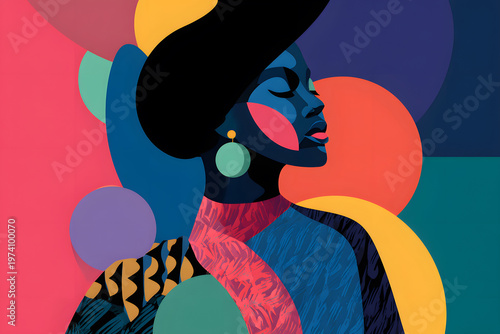 Artwork of a woman with bold colors and patterns against a colorful background