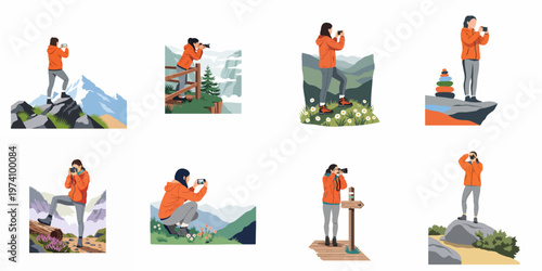 Set of illustrations of a woman traveler taking photos and capturing memories in various beautiful mountain and nature landscapes.