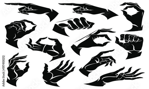 A collection of black silhouette hands displaying various gestures including pointing grabbing and open palm positions high quality professional detailed modern elegant stylish clean crisp vibrant
