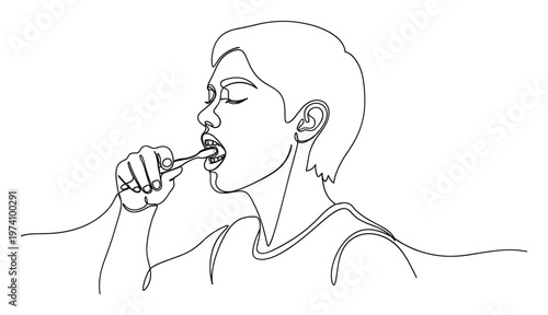 Continuous line drawing of a person brushing their teeth demonstrating dental hygiene practices suitable for health campaigns or educational materials