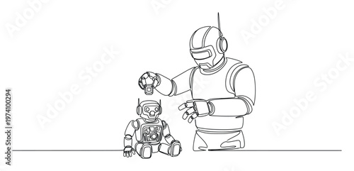 Minimalist linear depiction of two advanced artificial intelligence robots engaged in interaction, perfect for illustrating future technology, education, and innovative concepts in various