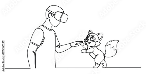 Person wearing virtual reality headset engages with a cute animated fox, depicting immersive gaming, futuristic digital entertainment, or metaverse applications.