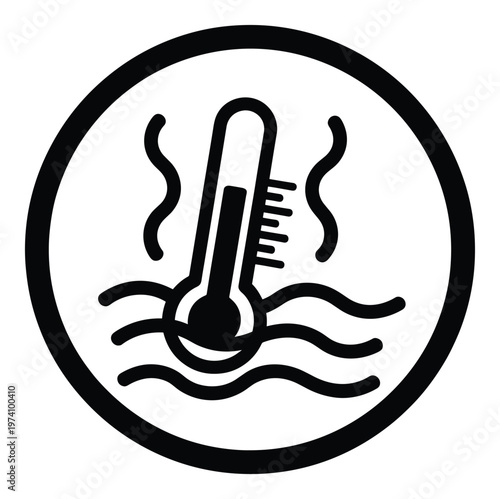 A simple black and white outline icon showing a thermometer immersed in wavy hot liquid with steam rising, representing high temperature, boiling, or overheating for use in warning signs