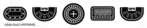 Collection of casino gambling table and wheel icons perfect for illustrating gaming themes, entertainment venues, or digital applications requiring classic game elements