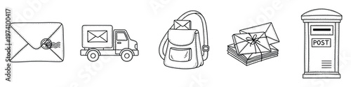 Black and white line drawing collection of postal service objects including an envelope, mail truck, backpack, letters, and a postbox for communication and delivery concepts