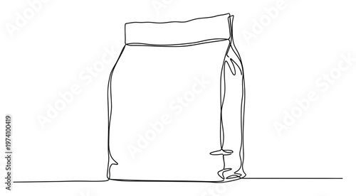 A continuous line drawing of a minimalist stand up pouch package ideal for showcasing product branding and simple graphic design layouts in various marketing materials.