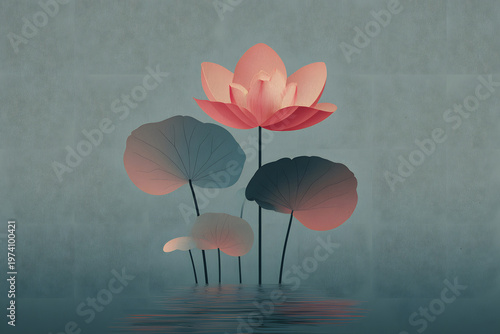 Lotus flowers with leaves growing from water in a simple setting at sunset