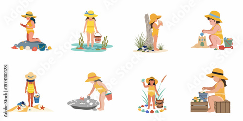 Collection of illustrations showing a young girl in a yellow swimsuit and hat playing at the beach, collecting seashells, and building sandcastles.