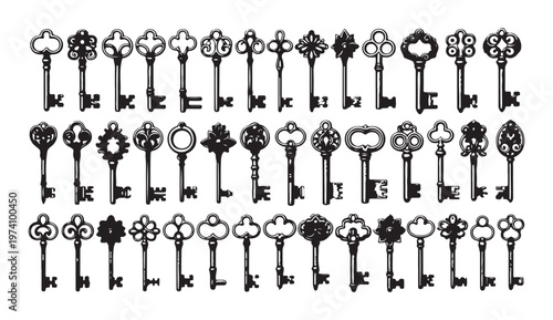 Vintage key collection with ornate heads and antique designs for heritage concepts and mystery elements.