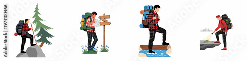 Flat vector illustration set of a male hiker experiencing different outdoor adventures, including mountain trekking, map reading, crossing streams, and night exploration.
