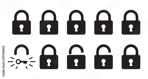 Padlock icons with key and locked unlocked states, secure and open lock vector set.