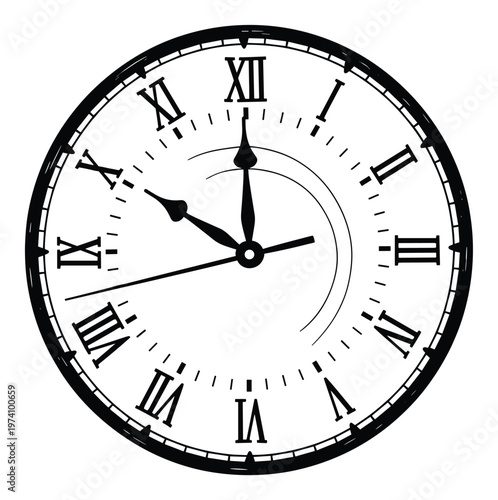 Classic round clock face with traditional Roman numerals and moving hands indicating time, suitable for education, historical themes, or general timekeeping concepts.