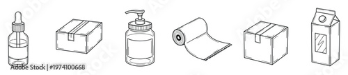 Collection of diverse product packaging and delivery containers featuring dropper bottles pump dispensers cardboard boxes and cartons ideal for ecommerce logistics and brand identity