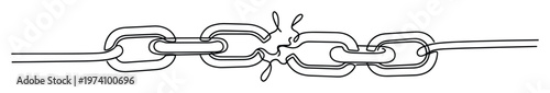 Continuous single line drawing depicting a chain with a broken link symbolizing weakness vulnerability and the breaking point ideal for corporate presentations on challenges