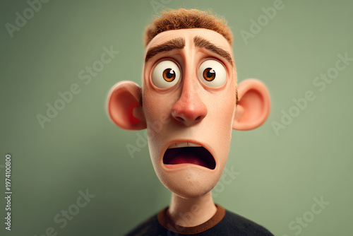 Man shows surprise in a cartoon style with large eyes and ears in a simple green background