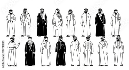 Diverse depictions of traditional Arab attire and cultural representation.