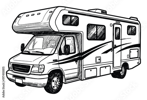Hand drawn outline illustration of a classic recreational vehicle motorhome perfect for travel adventure and camping lifestyle promotions