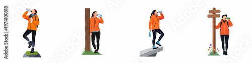Set of illustrations featuring a female hiker drinking water in different outdoor locations, wearing an orange jacket and hiking gear.