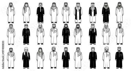 Diverse depictions of traditional Arab attire, showcasing cultural heritage and fashion.