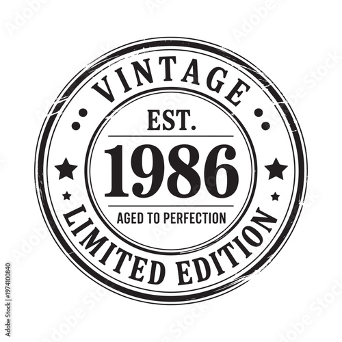 Vintage stamp graphic displaying est 1986 and aged to perfection