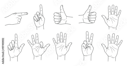 A comprehensive set of human hand gestures and counting symbols perfect for educational resources, instructional guides, and user interface designs requiring clear visual communication.