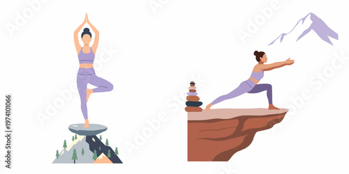 A pair of illustrations depicting a woman practicing yoga poses on a mountain peak and a cliff edge, emphasizing balance, health, and nature.