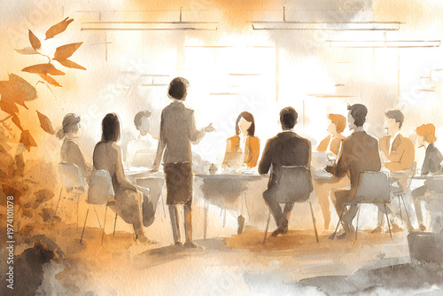 Group meets in a conference room to discuss ideas during a work session in the afternoon light