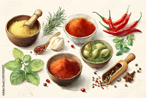 Spices and herbs displayed in bowls with fresh vegetables and herbs on a light background