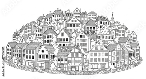 Detailed Black and White Illustration of a Dense European Townscape.