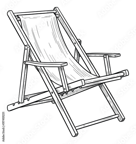 Hand drawn black and white outline of a classic wooden deck chair for summer relaxation, perfect for vacation themed graphics or outdoor living advertisements and leisure concepts.