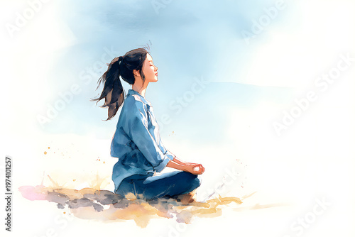 Woman practices meditation outdoors on a warm day with clear blue sky