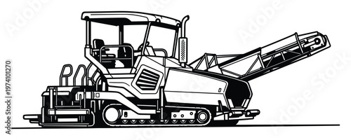 Detailed line drawing of a heavy duty asphalt paver cold milling machine for road construction and maintenance industrial equipment visuals
