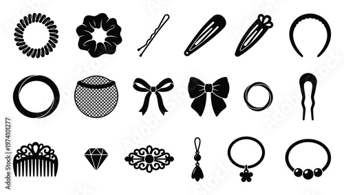 Collection of versatile hair accessories and decorative ornaments including scrunchies, clips, headbands, bows, and jewelry, perfect for crafting projects or graphic design applications