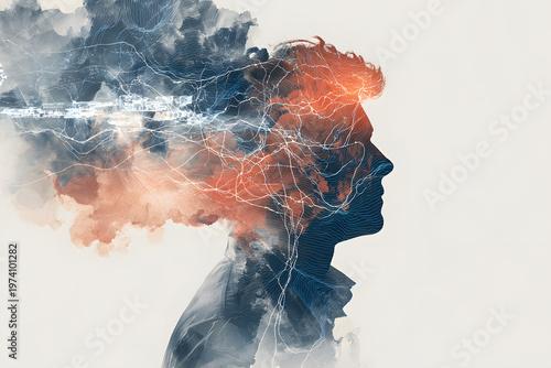 Man's profile with abstract colors and patterns representing thoughts and emotions in a creative artwork
