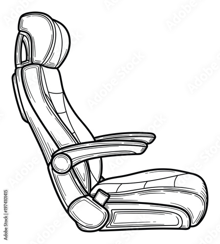 Side view outline drawing of a comfortable high back seat with integrated armrests and headrest, perfect for ergonomic design, vehicle interiors, or travel industry visualizations.