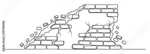 Single continuous line drawing of a crumbling brick wall with cracks and falling bricks, perfect for illustrating structural damage, demolition, and architectural decay in design projects.
