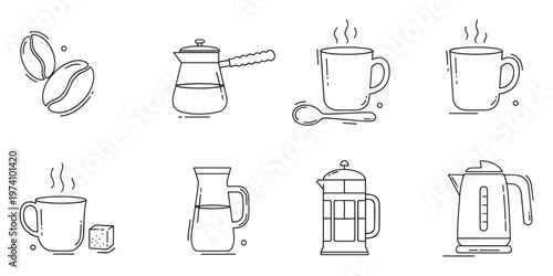 Collection of outline icons representing various coffee preparation items and hot beverage serving accessories, perfect for menu designs, kitchen guides, and cafe marketing materials