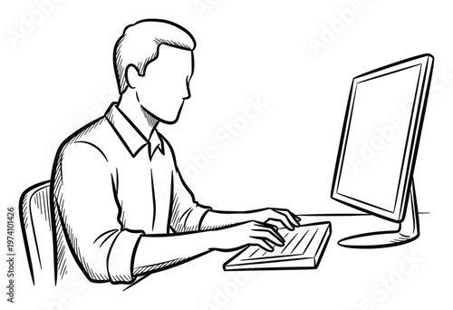 Line art depiction of a man diligently operating a computer at a desk, engaged in productive work, suitable for illustrating business operations and digital learning environments